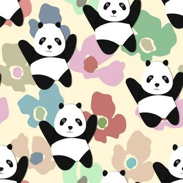 Seamless pattern with cute panda baby on color floral background. Funny asian Illustrazione stock