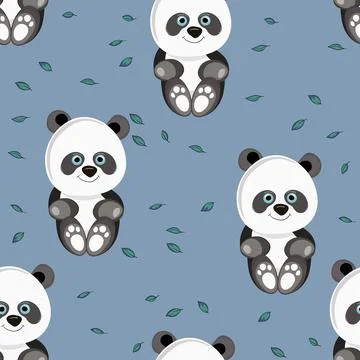 Seamless pattern with cute panda baby on color floral background. Funny asian Illustrazione stock