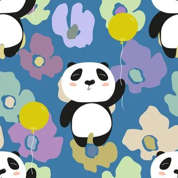 Seamless pattern with cute panda baby on color floral background. Funny asian Stock Illustration