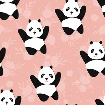 Seamless pattern with cute panda baby on color floral background. Funny asian Stock Illustration