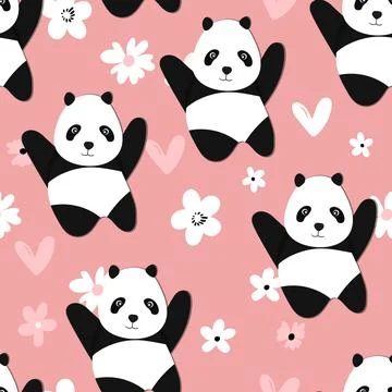 Seamless pattern with cute panda baby on color background. Funny asian animals Illustrazione stock