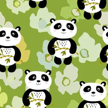 Seamless pattern with cute panda baby on color background. Funny asian animals Illustrazione stock