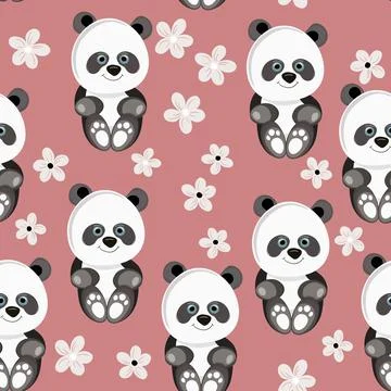 Seamless pattern with cute panda baby on color floral background. Funny asian Stock Illustration