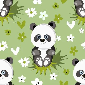 Seamless pattern with cute panda baby on color background. Funny asian animals Stock Illustration