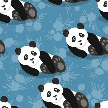 Seamless pattern with cute panda baby on color background. Funny asian animals イラスト素材