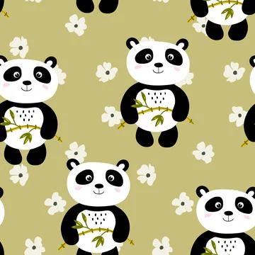 Seamless pattern with cute panda baby on color background. Funny asian animals イラスト素材