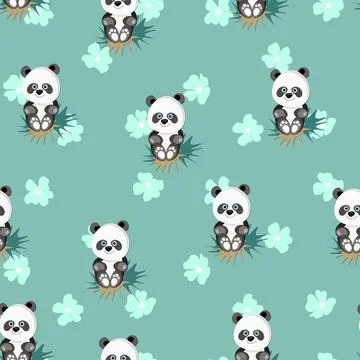 Seamless pattern with cute panda baby on color background. Funny asian animals イラスト素材