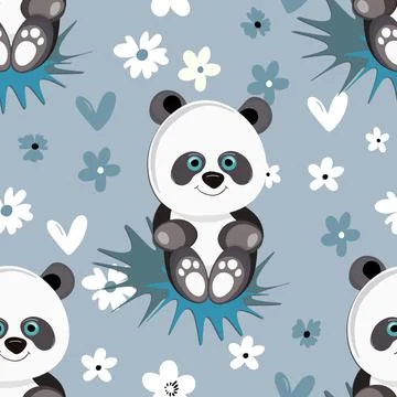 Seamless pattern with cute panda baby on color background. Funny asian animals イラスト素材
