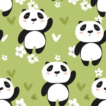 Seamless pattern with cute panda baby on color floral background. Funny asian Stock Illustration