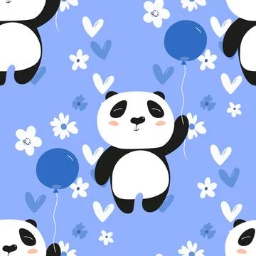 Seamless pattern with cute panda baby on color floral background. Funny asian イラスト素材