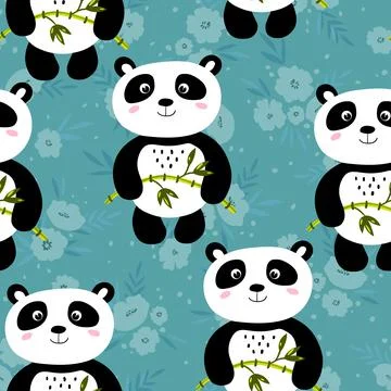 Seamless pattern with cute panda baby on color background. Funny asian animals イラスト素材