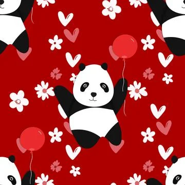 Seamless pattern with cute panda baby on color floral background. Funny asian イラスト素材