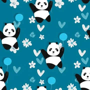 Seamless pattern with cute panda baby on color floral background. Funny asian イラスト素材