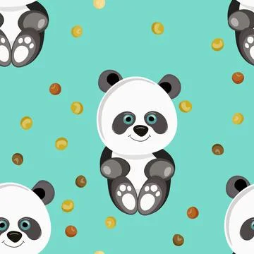 Seamless pattern with cute panda baby on color background. Funny asian animals イラスト素材