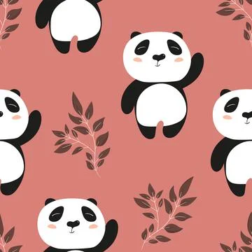 Seamless pattern with cute panda baby on color floral background. Funny asian イラスト素材