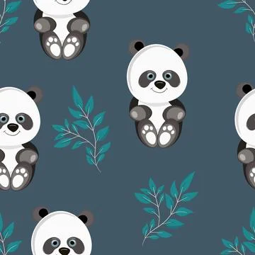 Seamless pattern with cute panda baby on color floral background. Funny asian イラスト素材