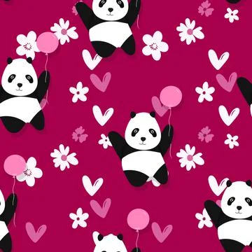 Seamless pattern with cute panda baby on color floral background. Funny asian Illustrazione stock