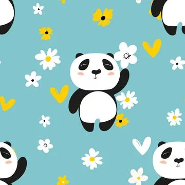 Seamless pattern with cute panda baby on color floral background. Funny asian Illustrazione stock