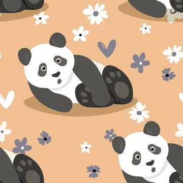 Seamless pattern with cute panda baby on color floral background. Funny asian Illustrazione stock