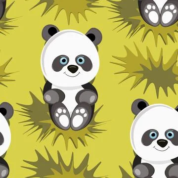 Seamless pattern with cute panda baby on color background. Funny asian animals Illustrazione stock