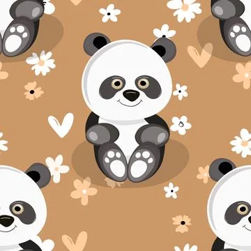 Seamless pattern with cute panda baby on color floral background. Funny asian Stock Illustration