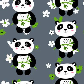 Seamless pattern with cute panda baby on color floral background. Funny asian Stock Illustration