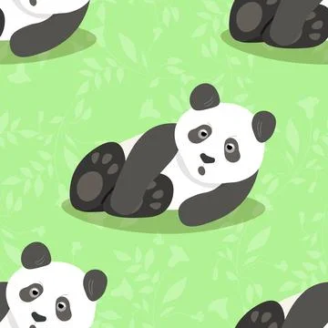 Seamless pattern with cute panda baby on color floral background. Funny asian Stock Illustration