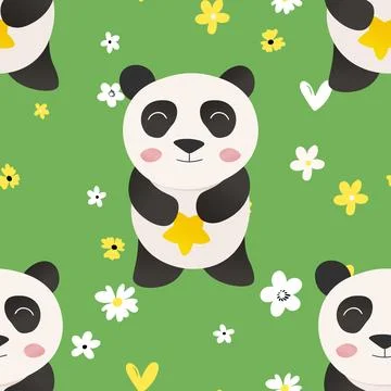 Seamless pattern with cute panda baby on color background. Funny asian animals Stock Illustration