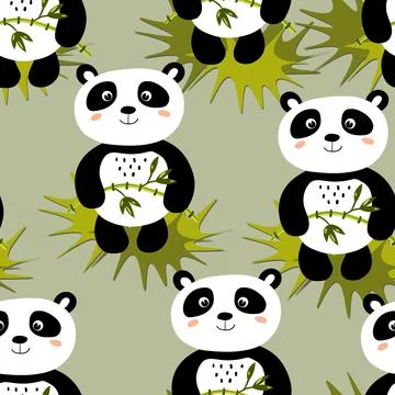 Seamless pattern with cute panda baby on color background. Funny asian animals Stock Illustration