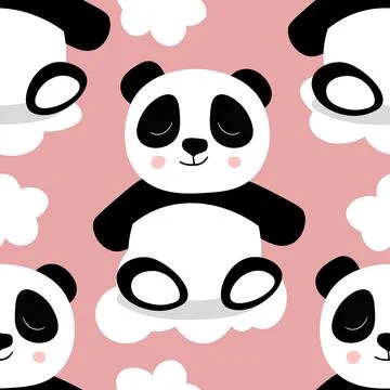 Seamless pattern with cute panda baby on color background. Funny asian animals Stock Illustration