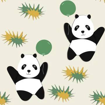 Seamless pattern with cute panda baby on color background. Funny asian animals Stock Illustration
