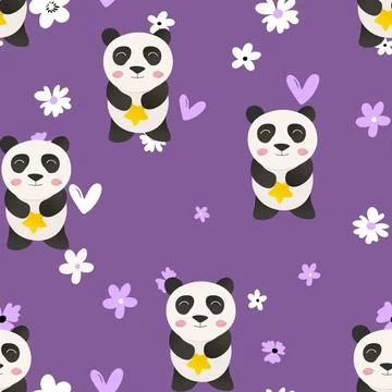 Seamless pattern with cute panda baby on color background. Funny asian animals Stock Illustration