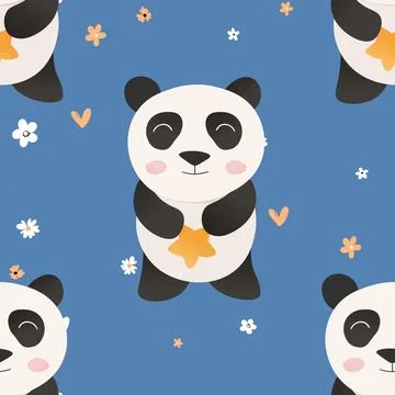 Seamless pattern with cute panda baby on color background. Funny asian animals Stock Illustration