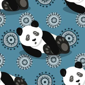 Seamless pattern with cute panda baby on color background. Funny asian animals 스톡 일러스트