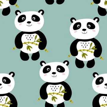 Seamless pattern with cute panda baby on color background. Funny asian animals 스톡 일러스트