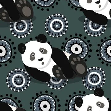 Seamless pattern with cute panda baby on color background. Funny asian animals Stock Illustration