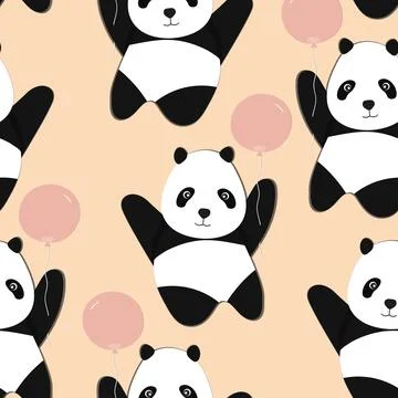 Seamless pattern with cute panda baby on color background. Funny asian animals Illustrazione stock
