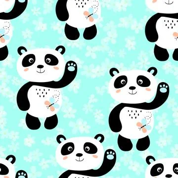 Seamless pattern with cute panda baby on color floral background. Funny asian Illustrazione stock