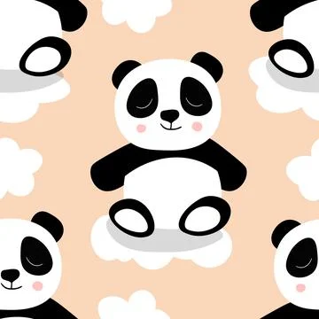 Seamless pattern with cute panda baby on color background. Funny asian animals Stock Illustration