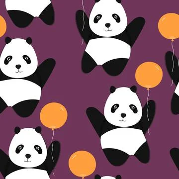 Seamless pattern with cute panda baby on color background. Funny asian animals Stock Illustration