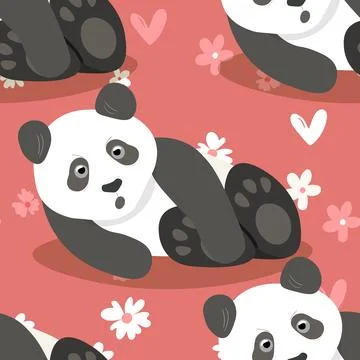 Seamless pattern with cute panda baby on color floral background. Funny asian Stock Illustration