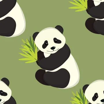 Seamless pattern with cute panda baby on color background. Funny asian animals Stock Illustration