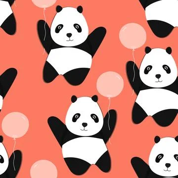 Seamless pattern with cute panda baby on color background. Funny asian animals Stock Illustration