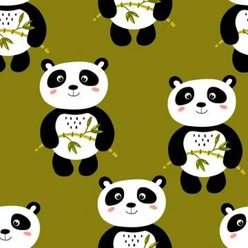 Seamless pattern with cute panda baby on color background. Funny asian animals 스톡 일러스트