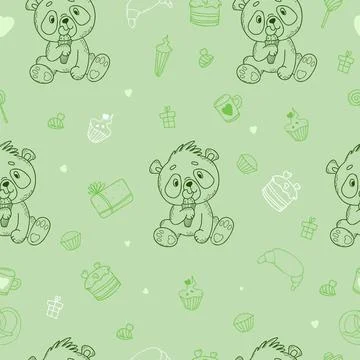Seamless pattern with cute panda. bear with sweet tooth licks ice cream on light Stock Illustration