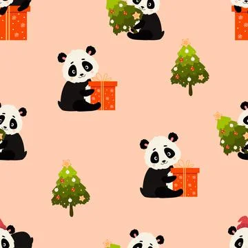 Seamless pattern. Cute panda with big gift and Christmas tree on pink background Stockillustratie