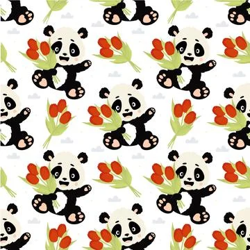 Seamless pattern. Cute panda character sits with bouquet of tulip flowers on whi Stock Illustration