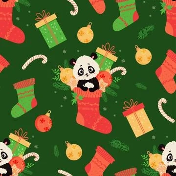 Seamless pattern with cute panda in Christmas boot with Christmas tree bran.. Stock Illustration