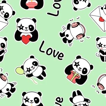 Seamless pattern with cute panda. The concept of love. Illustration on a green Stock Illustration