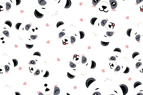 Seamless Pattern with Cute Panda Faces and Pink Hearts Stock-Illustration